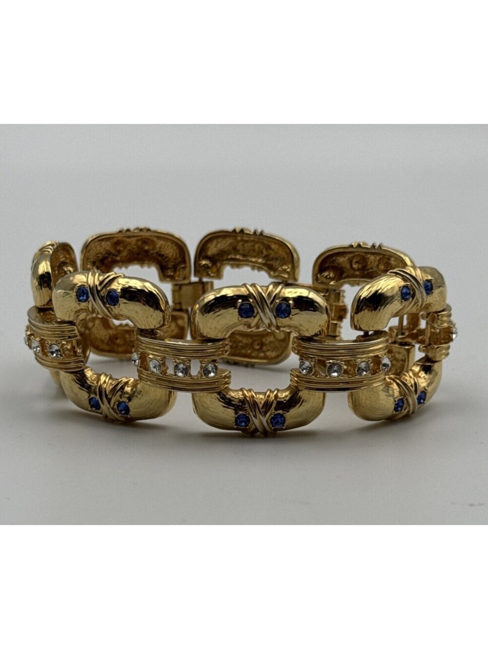 Vintage Camrose & Kross JBK Gold Tone Link Bracelet Blue & Clear Rhinestones